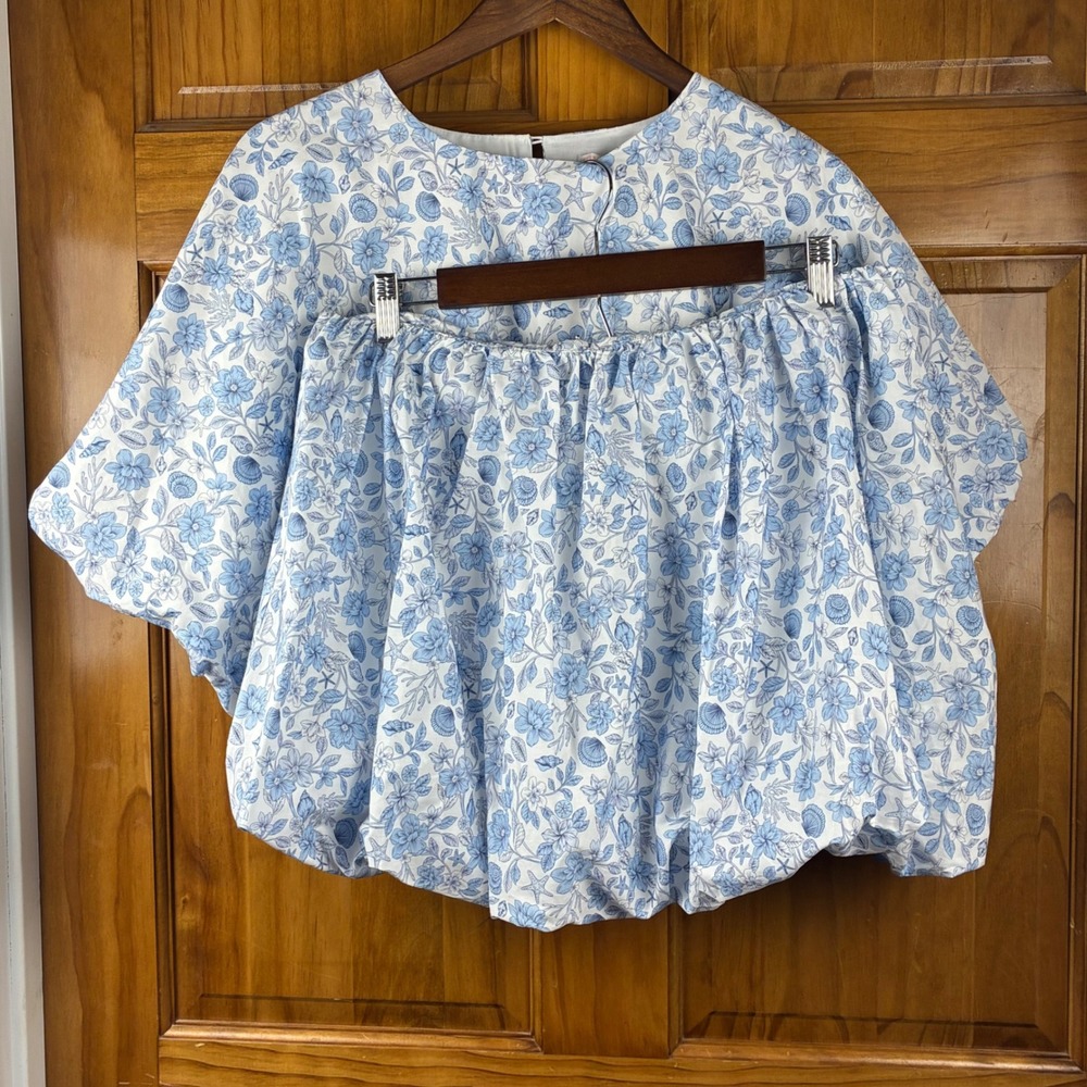 GB Blue Floral Seashell Print 2 Piece Set Crop Top Bubble Skirt XL NWT Beachy